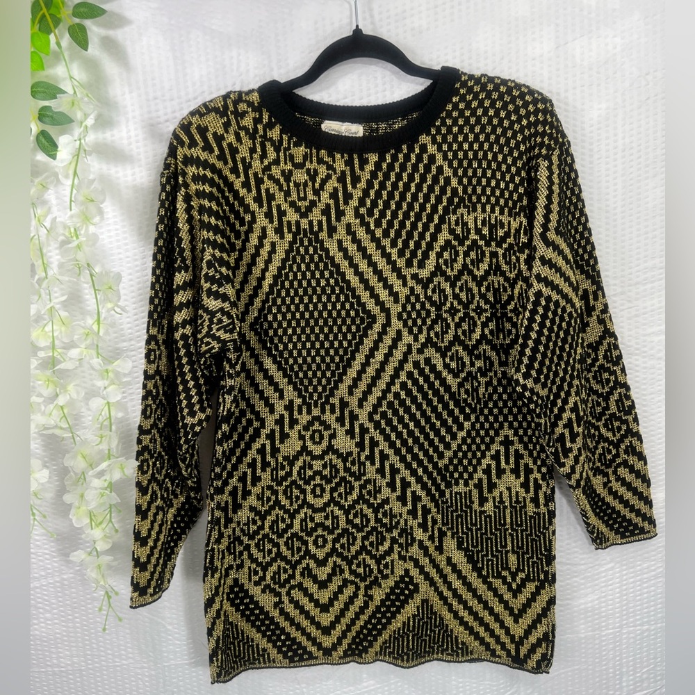 Vintage Carriage Court Black Gold Pullover Long Sleeve Knit Sweater Women Large